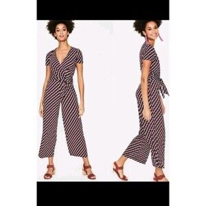 BODEN Ellen Burgandy Blue Jersey Knit Graphic Geo Jumpsuit Size 6 R Wide Leg
